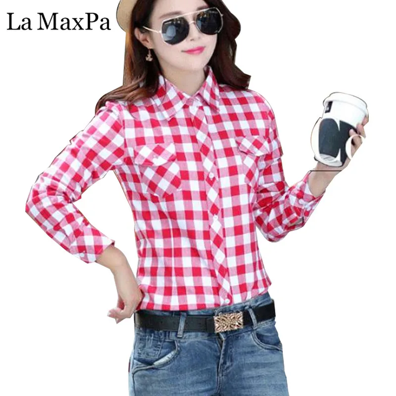 

Womens Blouse New Arrival 2019 Autumn Brand Long Sleeve Shirts Cotton Flannel Plaid Shirt Casual Female Plus Size Blouse Tops