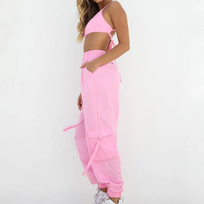 Женский спортивный костюм, комплект из 2 предметов, неоновый розовый укороченный топ, свободные штаны, Модный женский летний повседневный костюм на шнуровке с бретельками