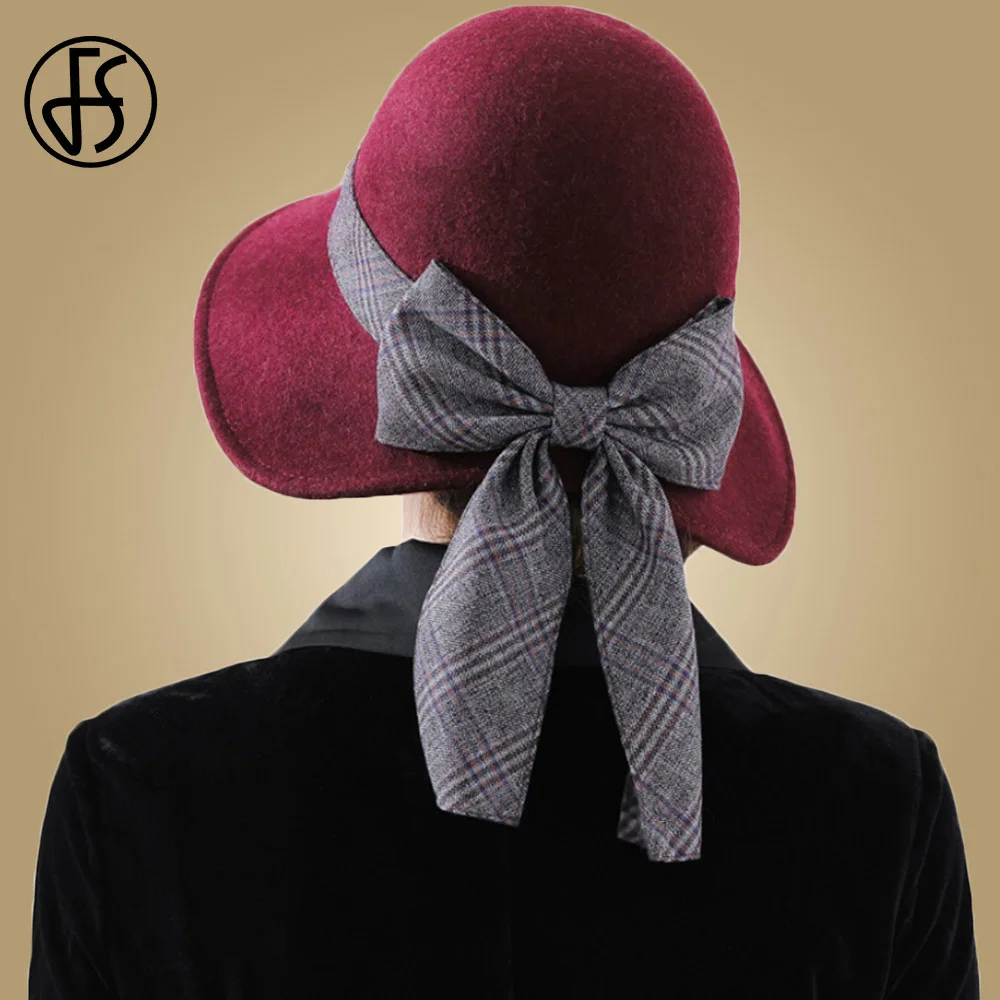 FS серые, винные, красные, коричневые шерстяные зимние шапки для женщин с широкими полями, фетровая шляпа, осенняя женская шляпа с бантом и лентой