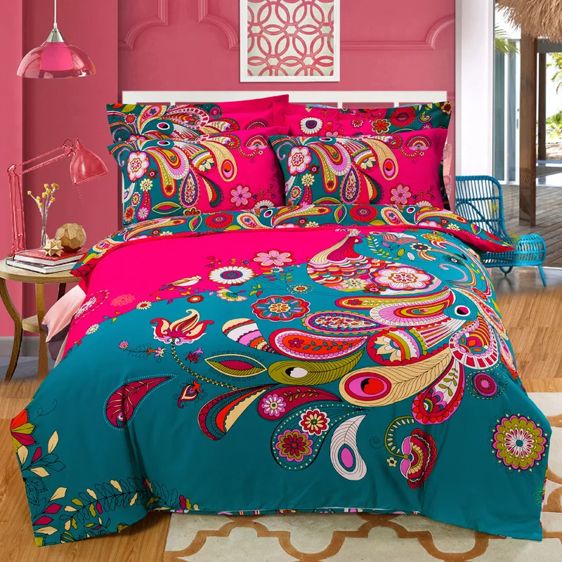 New Arrival Queen Quilt Set Floral Sheets Peacock Bed Linen Sheet Set