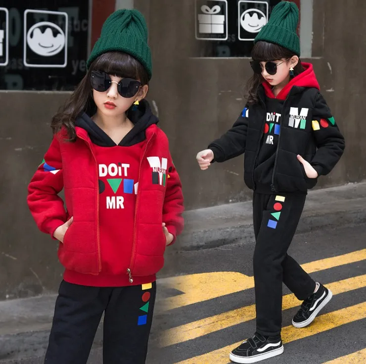 

Girls Winter Cotton Padded Clothes 3 Pcs Set Children Velvet Thickened Clothing Kids Vest Coat + Hooded Sweatshirt + Pants D22