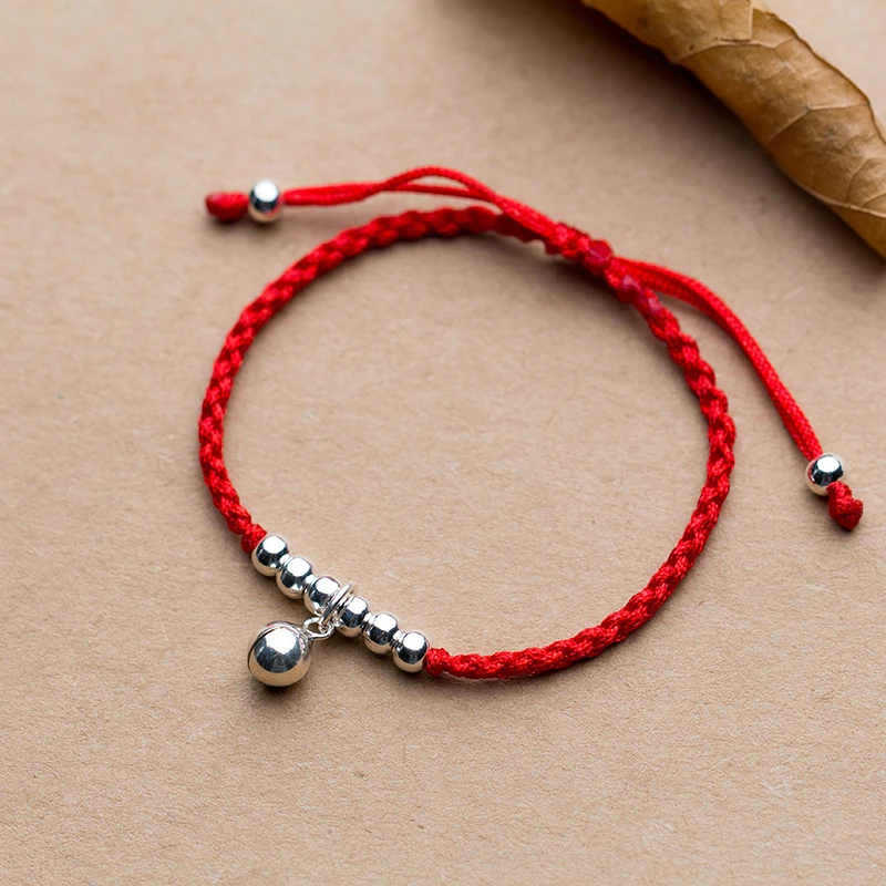 

Real 925 Sterling Silver Bell Red Bracelet For Women Bangle Wax String Amulet Friendship Gift Handmade Lucky Jewelry
