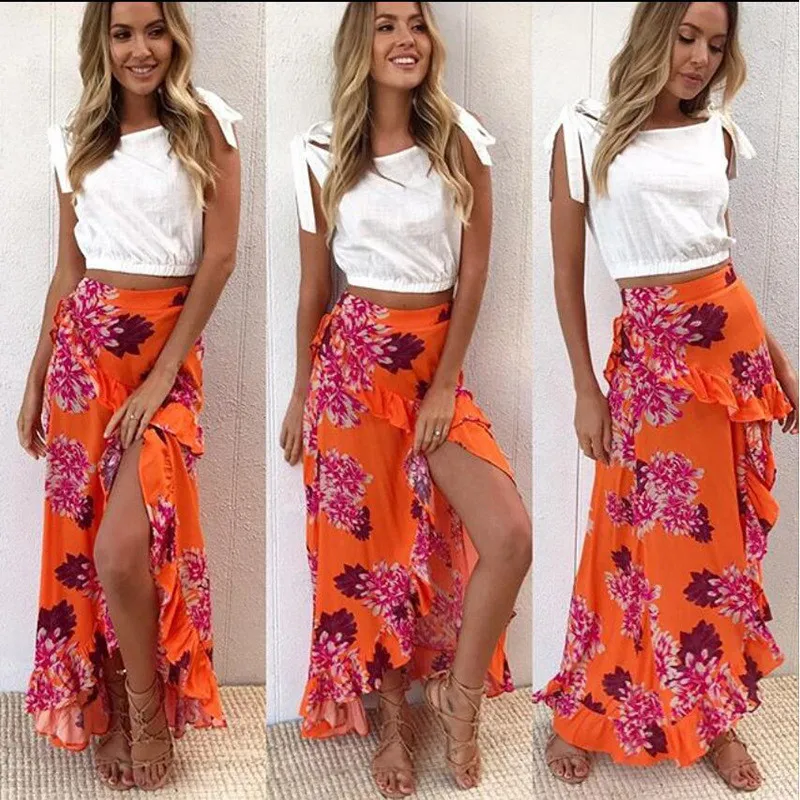 Новая модная сексуальная юбка с оборками богемная длинная винтажная юбка с цветочным принтом Высокая талия тонкая женская плиссированная юбка Бохо