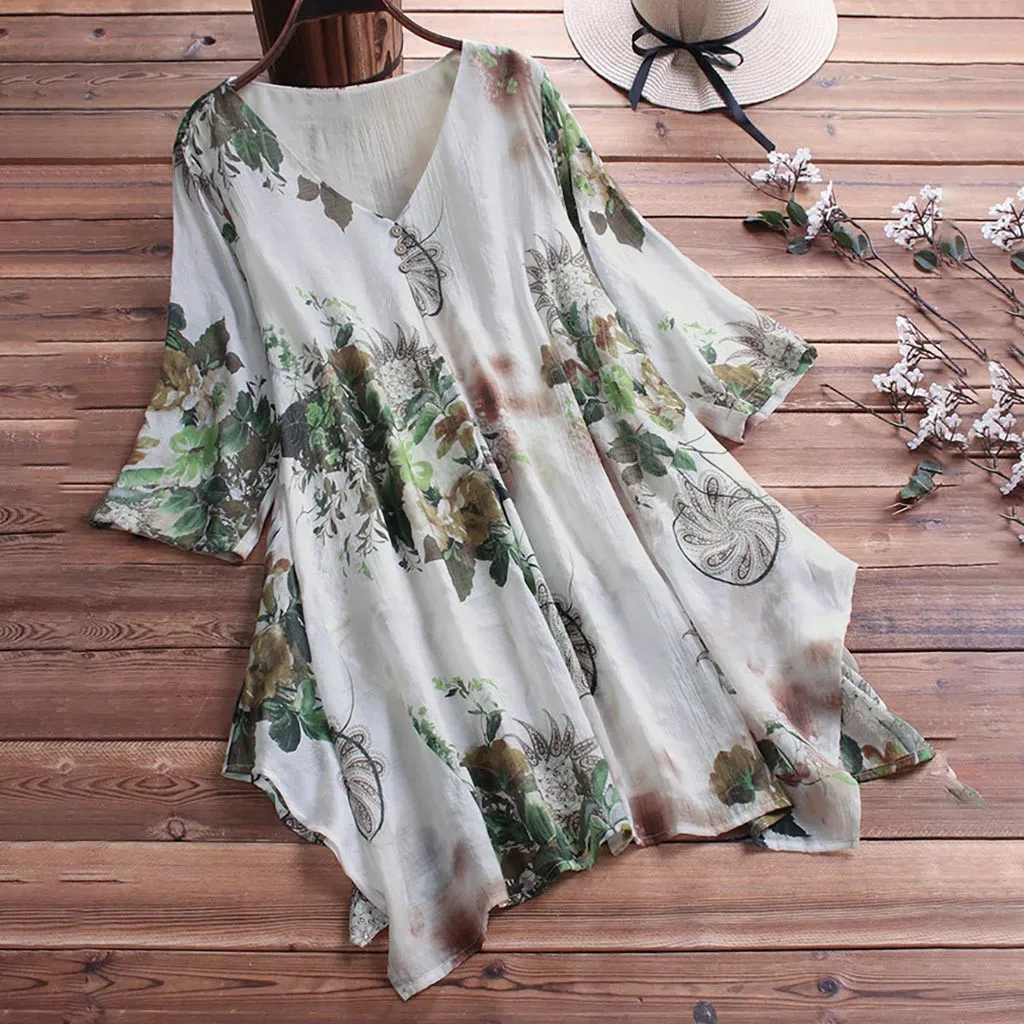 

JAYCOSIN 2019 New Summer Women Casual Blouse Vintage Floral Print Large Size V-neck Irregular Hem Half Sleeve Beach Top 9041715