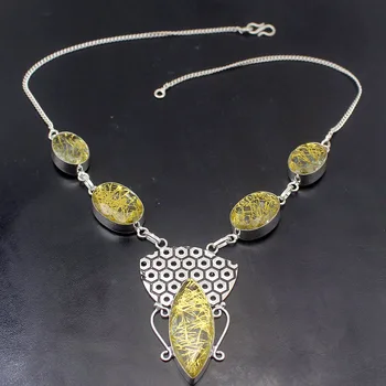 

Fashion Natural Gold Rutilated Quartz 925 Sterling Silver Color Pendant Necklace Women Charm Jewelry 19 Inch H174