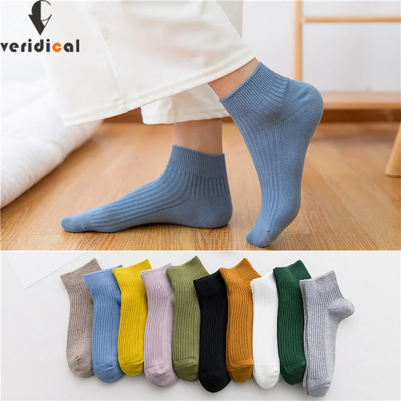 VERIDICAL 5 pairs/lot ankle socks woman solid loose crew Boat Socks harajuku socks cotton Good Quality calcetines mujer 10 color