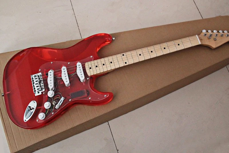 Wholesale Red Acrylic Glass Electric Guitar with Colorful Lights,Maple