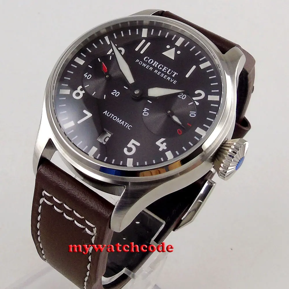 

42mm CORGEUT black dial blue luminous date power reserve Automatic mens Watch