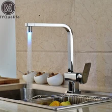 Полированный хромированный светодиодный квадратная кухонная раковина кран на бортике с одной ручкой вращения Кухонные смесители