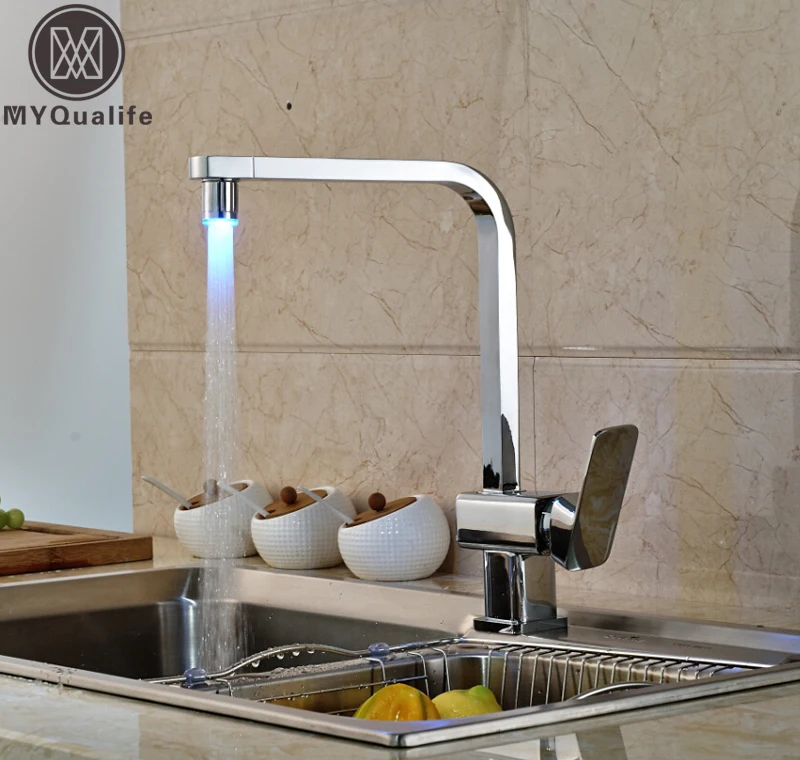 Polished Chrome Led Square Kitchen Sink Faucet Deck Mount Single Handle