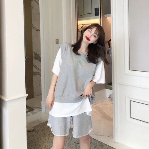 2 Piece Outfits for Womem Summer 2020 Oversized Print Patchwork Fake Two T-Shirt Elastic Waist Shorts Matching Sets S108 | Женская