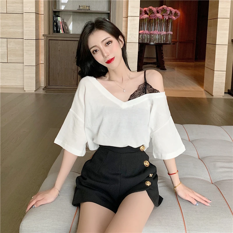 女性の服 Tシャツ夏のスタイルのファッションブランドセクシーなレースソリッドスプライス偽二枚オフショルダースパゲッティストラップ Tシャツ Aliexpress レディース衣服