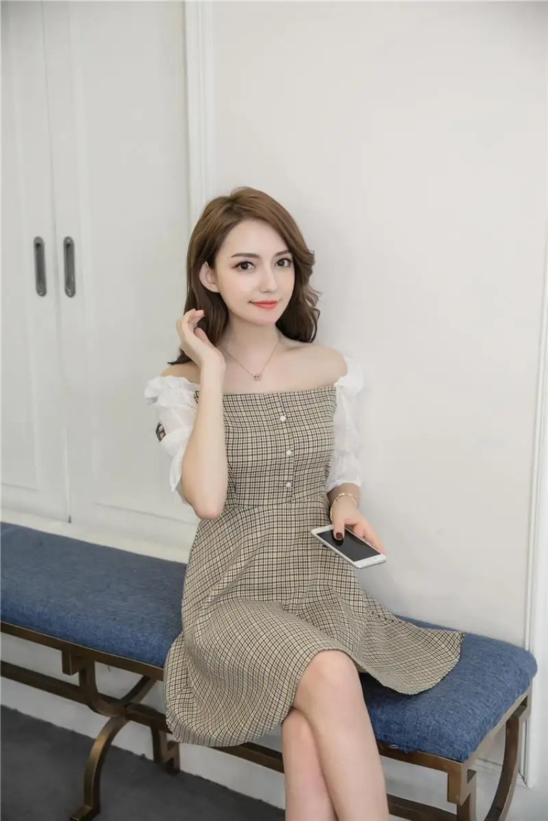 2018 Summer New Women Fresh Lattice Feifei Sleeve Dress Short Fund Leisure Time Vest Fashion A-line Dress