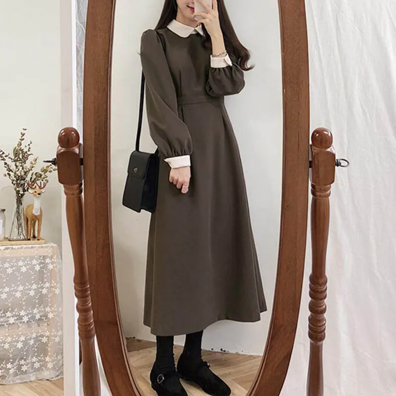 NORMOV/ осенне-зимнее длинное популярное женское модное платье однотонное лоскутное винтажное платье длиной до колен с принтом Питер Пэн - Цвет: brown