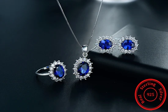 7 цветов, Классические настоящие 925 пробы, серебряные ювелирные наборы, модные серьги, прозрачный овальный кристалл, подвеска, ожерелье для женщин, цепочка - Окраска металла: Blue