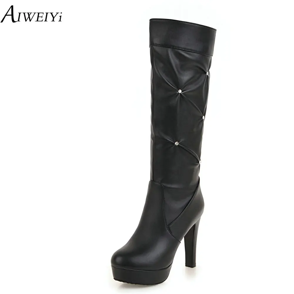 

AIWEIYi Knee High Boots Women Soft Leather Knee Winter Boots Comfortable Thick High Heel Women Long Boots Shoes