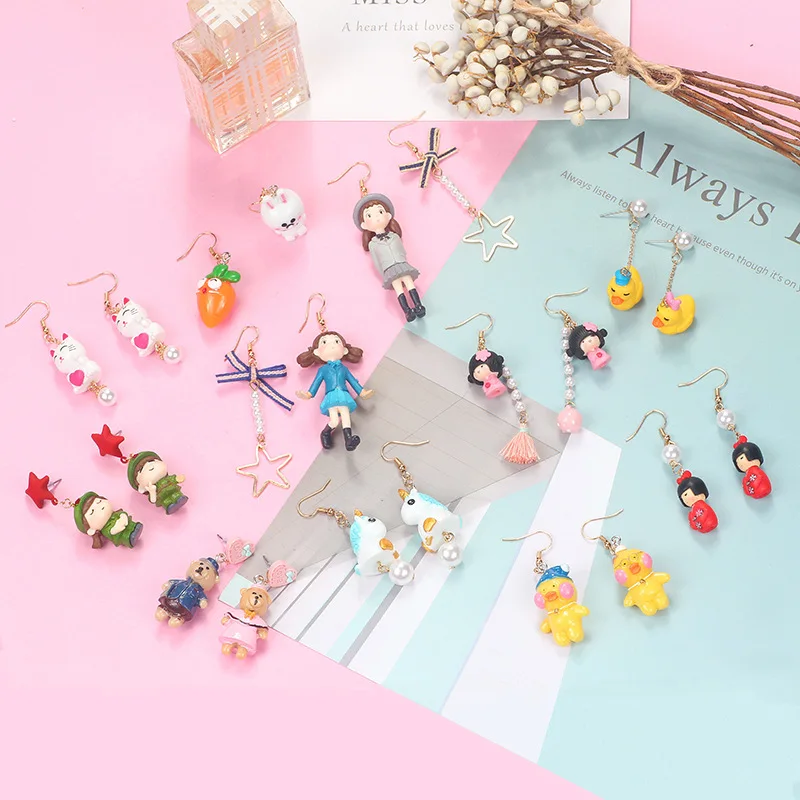 

2019 Creative Cartoon Animals Radish Little Yellow Duck Little Man Coffee Cat Rabbit Little Doll Star Asymmetric Couple Earrings