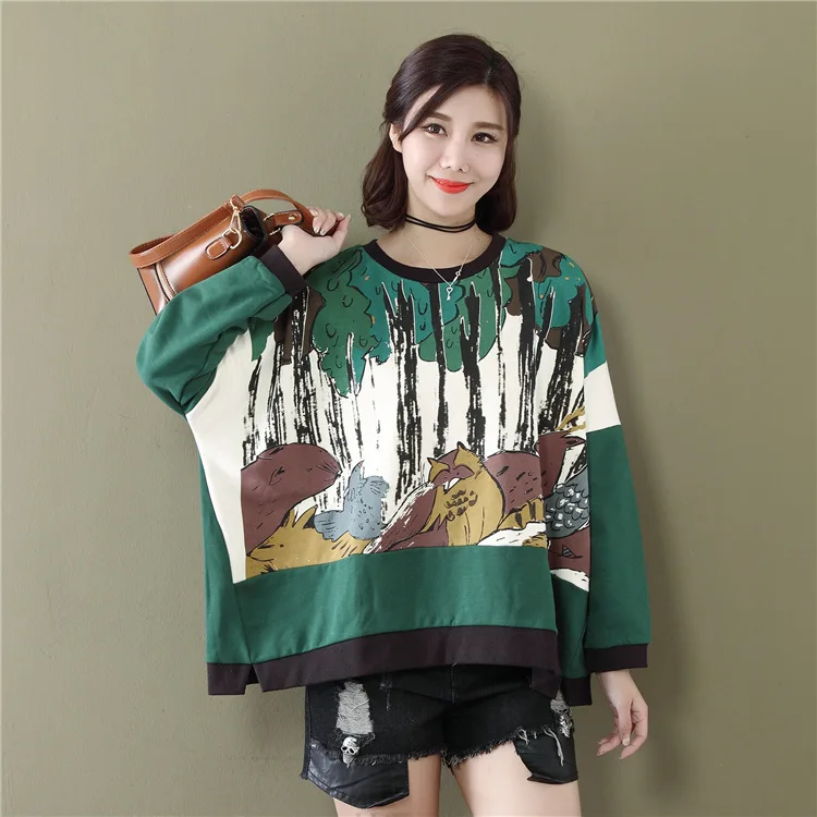 2017 Autumn Women Oversized T Shirt Korean Fashion Loose Cotton Print O Neck Long Sleeve T Shirt Plus Size Green Black T Shirts