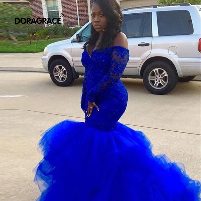 Doragrace Sexy в африканском стиле черного цвета для девочек, платье с юбкой годе Королевского синего цвета платья для выпускного вечера 2019 с