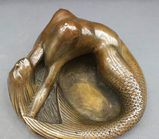 

JP S0606 8" Chinese Bronze Copper Art Collect Belle Myth Mermaid sea-maid Statue Ashtray B0403