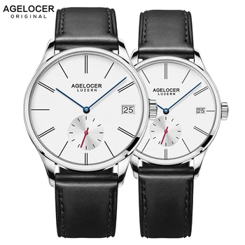 

AGELOCER Swiss Men Mechanical Watches Couple Black Leather Watch Waterproof Clock Date Women Mens Wrist Watches