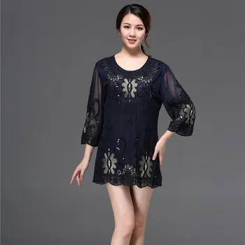 

Plus Size Vintage Embroidery Geometric Three Quarter O-neck Black Long Spring Autumn Summer Women Summer T Shirt
