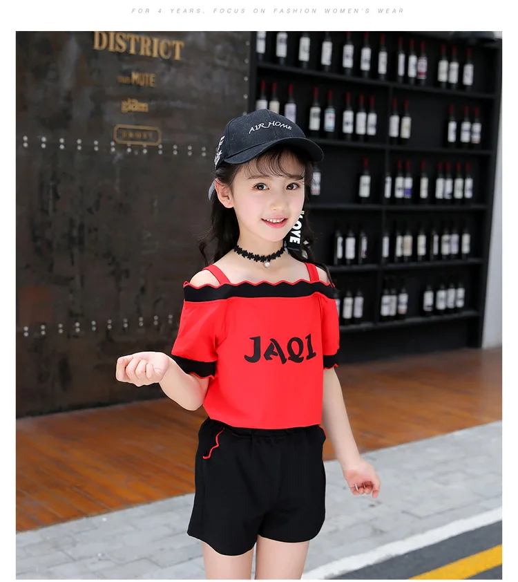 Cute Casual Teenage Clothes For Girls Clothing Sets 2019 Summer Children Shoulderless Letter Tshirt Tops Shorts 2Pcs Kids Suit (8)