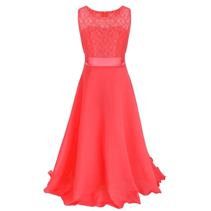 Модное кружевное платье с цветочным узором для девочек; цвет синий, розовый, красный; длинное свадебное платье для девочек; вечерние платья для детей - Цвет: coral