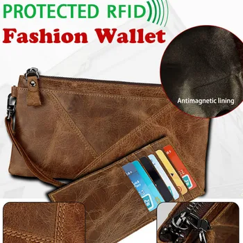 

2018 RFID Blocking Casual Men's Purses Zipper Clutch Hand Bag Real Genuine Leather Wallets Long Wristlet Strap Purse Card Holder