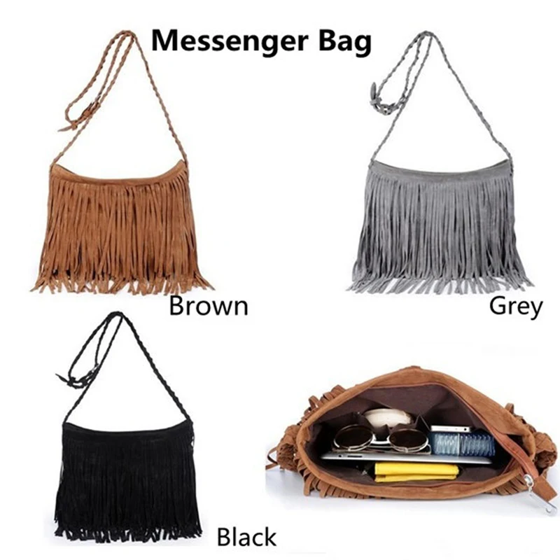 Womens Tassle Fringe Faux Suede Shoulder Messenger Crossbody Bag Handbag Purse Black Brown White