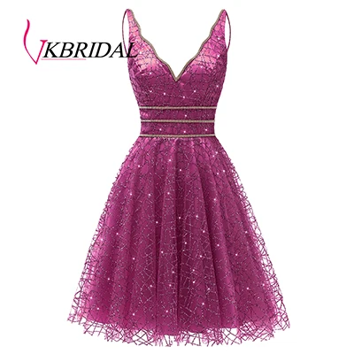 Hot Pink VKbridal/блестящее мини-платье с глубоким v-образным вырезом и кристаллами для выпускного вечера, сверкающие платья для выпускного вечера, короткие платья для девочек - Цвет: Hot Pink