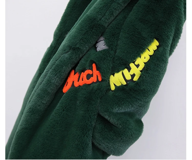 New fashion Long Warm Winter Faux Fur Coat Ladies long sleeve Army Green Yellow Embroidery Letter Outwear Female coat