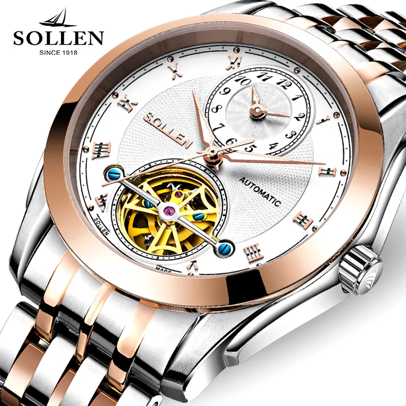 

Luxury Men's Watches Business Elite Series Stainless Steel Wrist Strap Tourbillon Automatic Mechanical Male Watch Brand SOLLEN