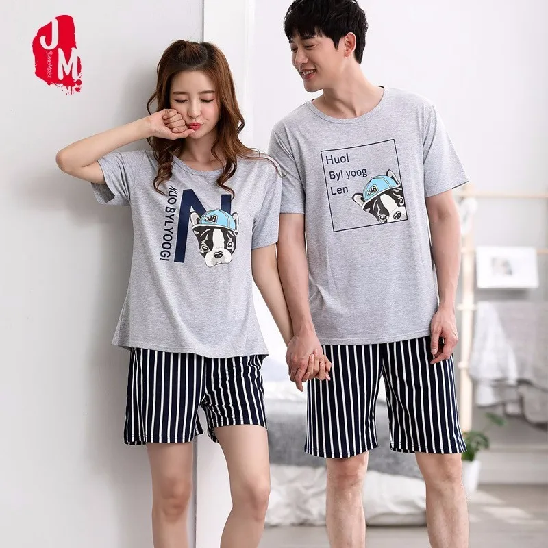 

Summer Women Breathable Cotton Pajama Set Bulldog Couples Sleepwear Two Piece Set Shirt+Shorts Animal Casual Homewear Pyjama