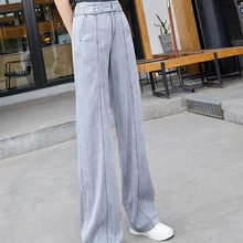 High Waist Straight Jeans Women Summer Tencel Gray Casual Loose Wide Leg Jeans Trousers Striped Full Length Sashes Palazzo Pants
