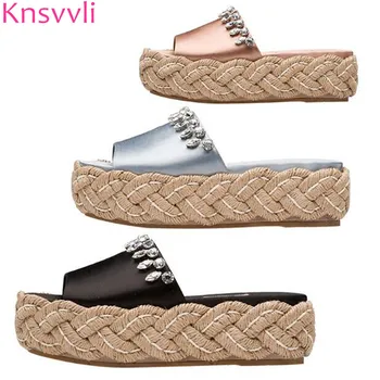 

Summer Black Silk Crystal Hemp Rope Bottom Platform Slippers Women Champagne Color Concise Casual Thick Soled Mules Shoes Women