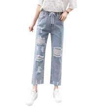 Джинсы бойфренда для женщин летние брюки повседневные брюки женские Синие рваные джинсы с высокой талией на шнурке свободные джинсы до середины икры