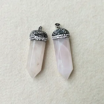 

5pcs Natural Crystal Pillar white Quartz stone Druzy Pendant,paved Rhinestone crystal cap ,DIY Jewelry Necklace Making PD339