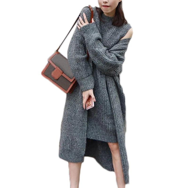 

Autumn Winter Fashion Sweater Dress Suit Open Front Long Knitted Cardigans Sleeveless Knitting Dress Two Piece Set