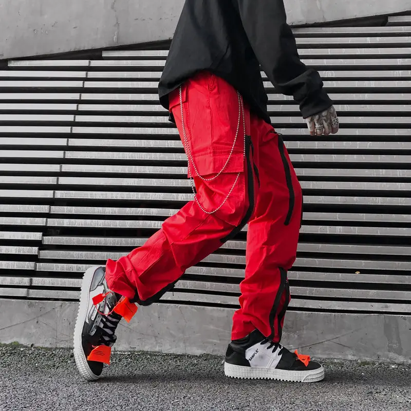 Red Function Multiple Zipper Cargo Pants Men Harajuku Hip Hop Multi-pocket Casual Pants Youth Personality Straight Trousers