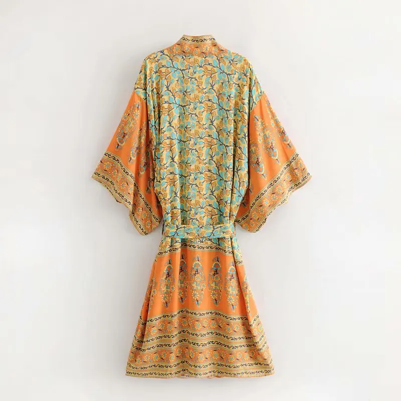 Ceny GYPSY Boho Chic lato plaża w stylu Vintage kwiatowy Print Sashes długi Kimono kobiety modny kardigan luźne bluzki Casual Blusas Mujer