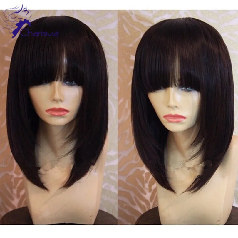 Human Hair Short Cut Bob Full Lace Wigs With Bangs 130 Density