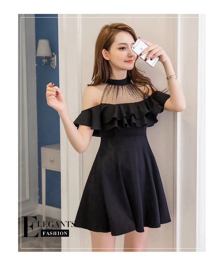 Платье с открытыми плечами черное/белое S-XXL | Женская одежда