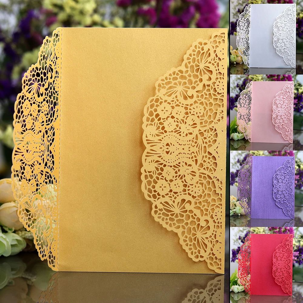 10pcs Golden white etc Luxury Flora Laser Cut Wedding Invitations Card Elegant Wedding Envelopes Ev - 32958698524