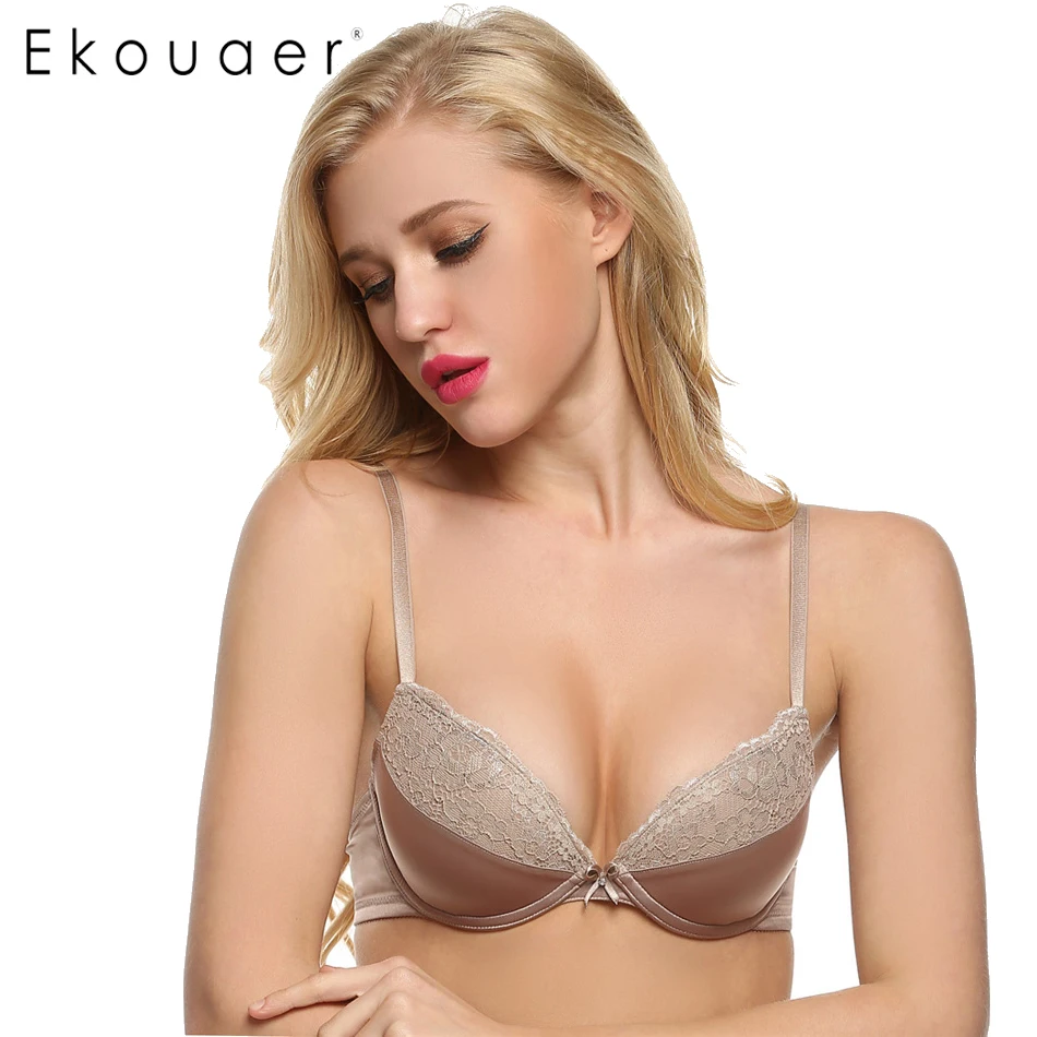 Ekouaer Women Bra Push Up Bra Sexy Ladies Deep V Bras Charming Underwear Satin Lace Underwire Bra Plus size A B C D E  3/4 Cup