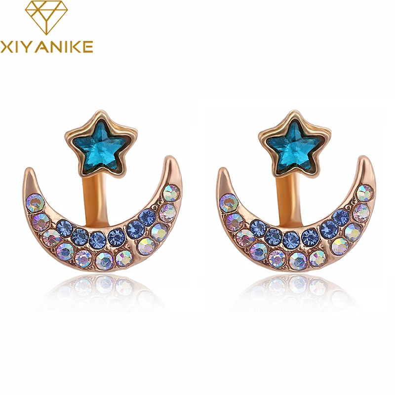

New Fashion Bohemian Rhinestone Gray Pink Blue Color Moon Star Pentagram Earrings For Women boucle d'oreille XY-E960