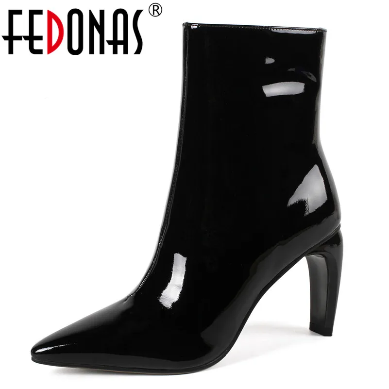 

FEDONAS Punk Women Patent Leather High Heels Ankle Boots Sexy Pointed Toe Zipper Autumn Winter Short Ladies Shoes Woman Pumps