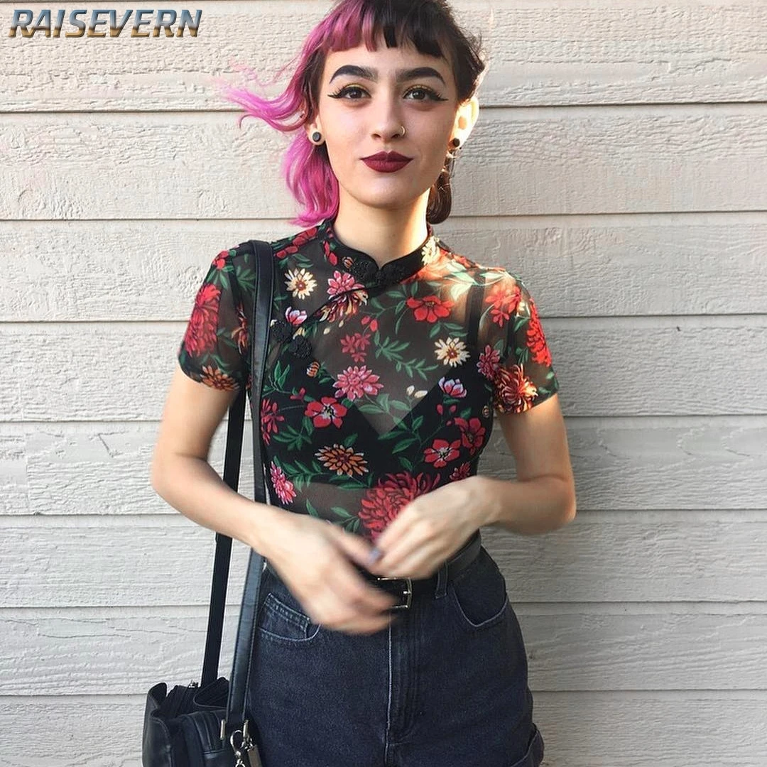 

Raisevern 2019 Summer Tops New Personality Women Cheongsam Short Print Mesh Skinny See-through Female Tees Short Sleeves