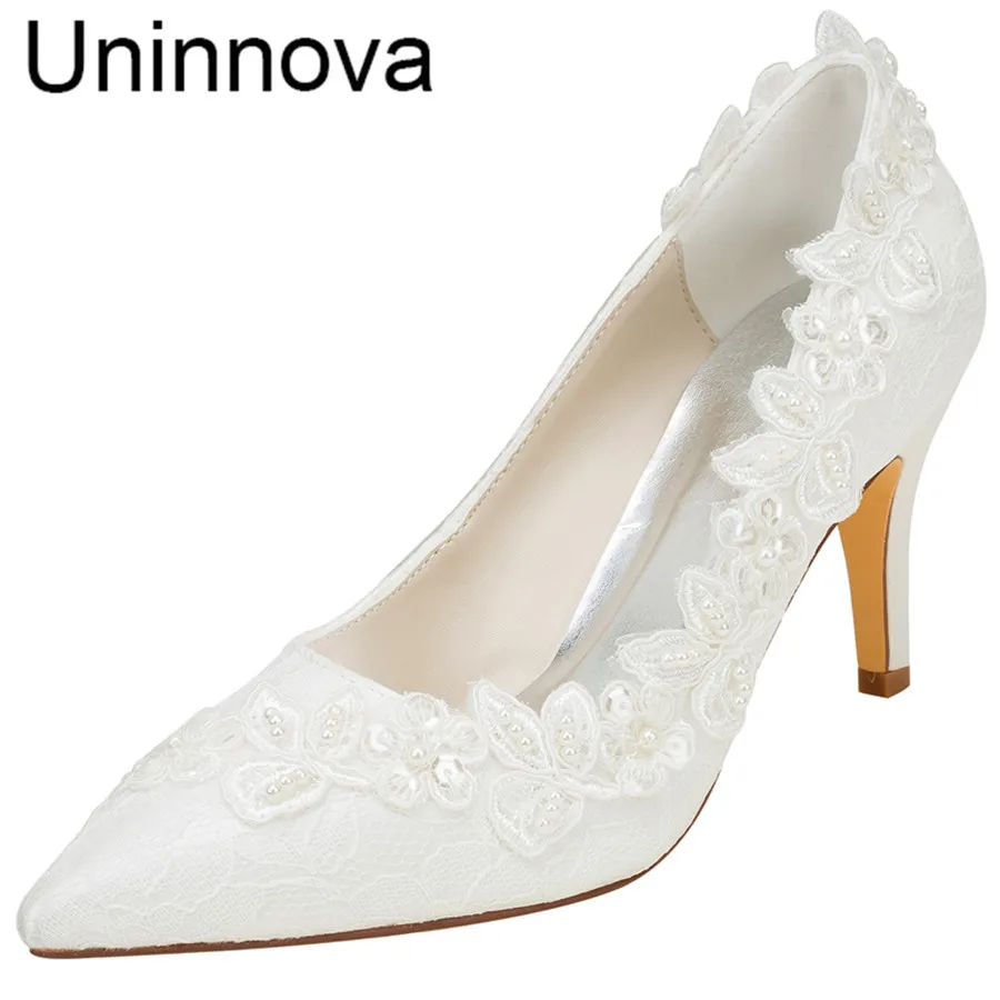 

Bridal Bridesmaids Flower Lace Ivory White Wedding Heels Pointed Toe Satin Elegant Thin Heel Pumps Uninnova 18353-1E LY