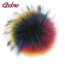 Geebro 1 шт. 15 см Радужный цвет мех енота помпон зимняя женская шапочка с меховым помпоном шапки аксессуары смешанный помпон